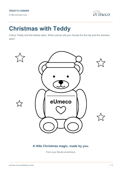 Colouring page of the eUmeco teddy wearing a Christmas hat